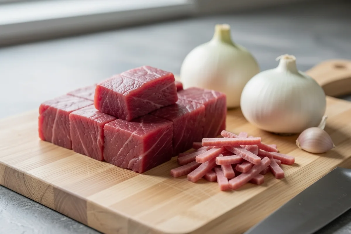 Cubes de bœuf cru sur une planche en bois avec lardons et oignons grelots