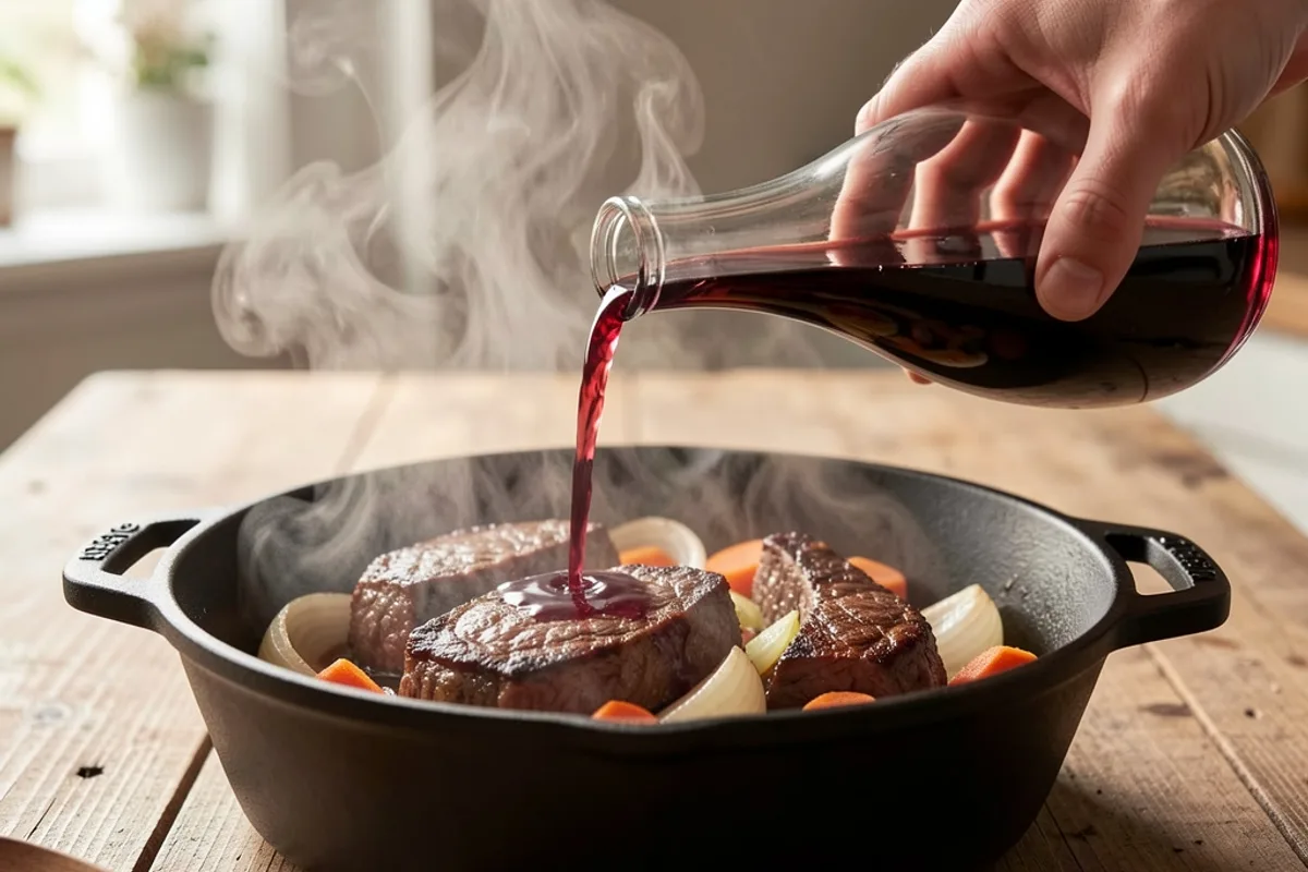 Mains versant du vin rouge d&rsquo;une carafe en verre dans une cocotte en fonte