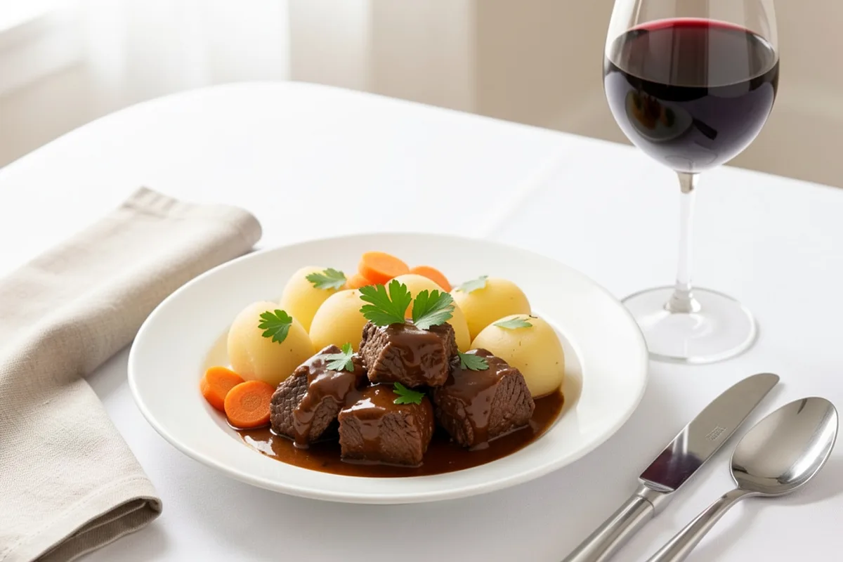 Assiette creuse de bœuf bourguignon avec pommes vapeur et persil sur une nappe blanche