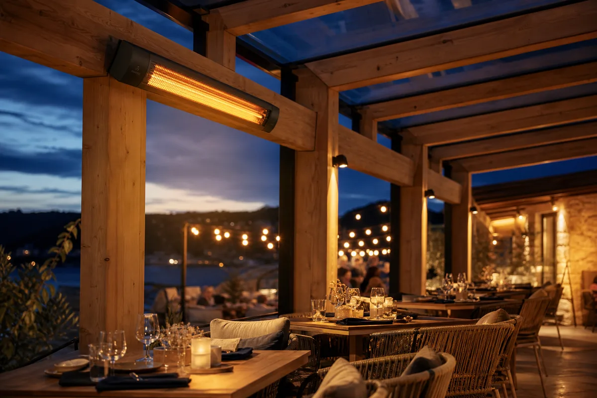 Terrasse semi-couverte de restaurant équipée d’un radiant électrique fixé sous une structure en bois, ambiance chaleureuse en soirée
