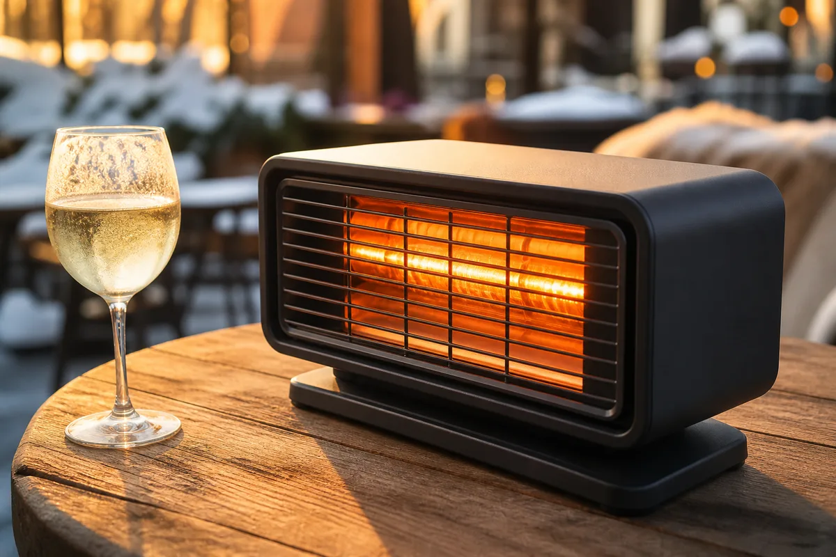 Gros plan sur un radiant infrarouge électrique compact posé sur un mange-debout de terrasse, verre embué et lumière dorée du soir