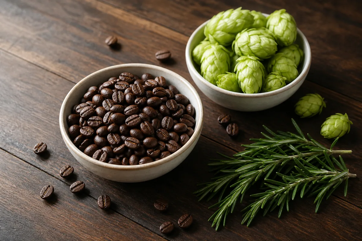 Grains de café torréfiés et cônes de houblon frais réunis dans deux coupelles de céramique crème