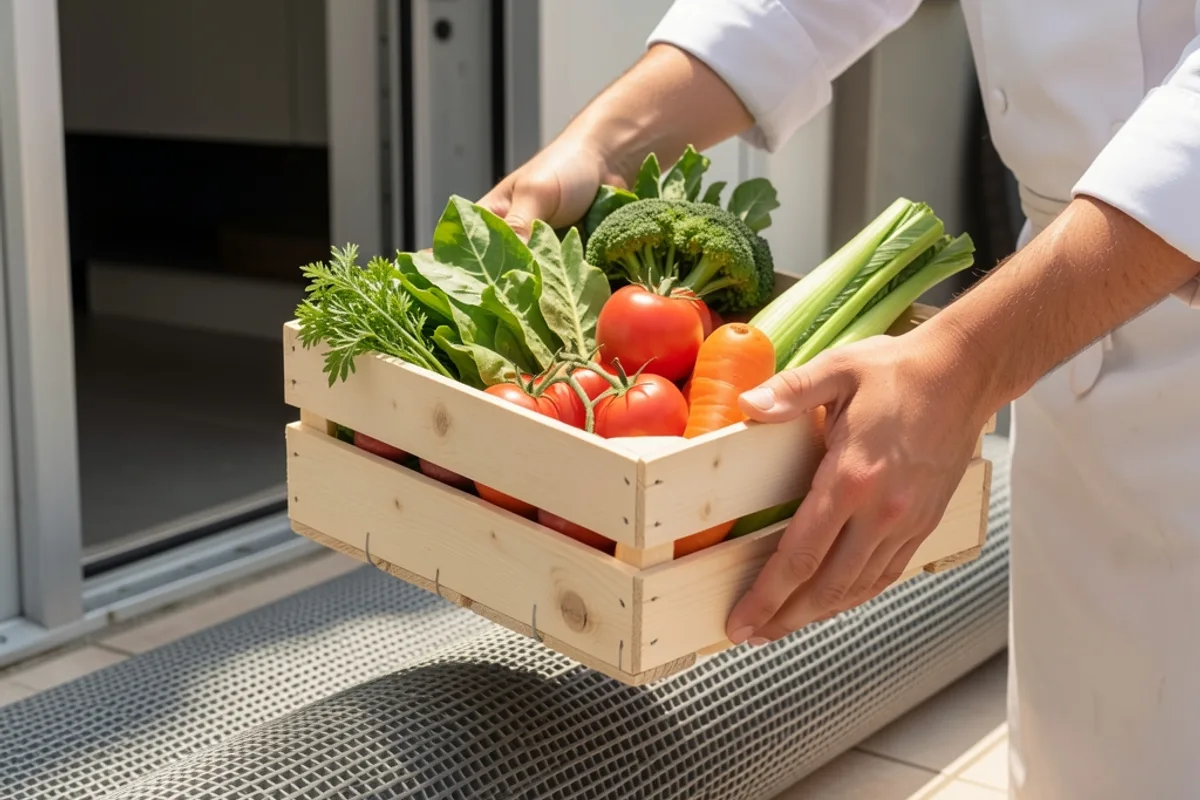 Mains d&rsquo;un cuisinier contrôlant une cagette de légumes posée sur un roll devant la porte de livraison d&rsquo;un restaurant
