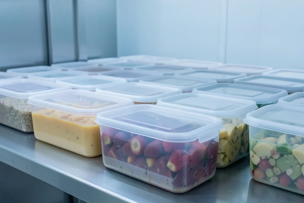 Bacs alimentaires transparents à couvercle alignés sur une étagère de chambre froide de restaurant