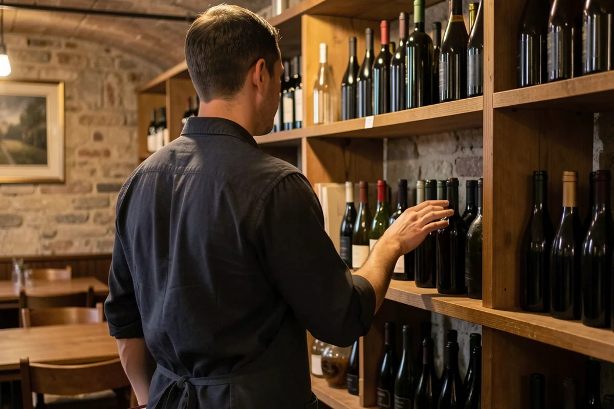 Personne de dos comptant des bouteilles sur une étagère de cave de restaurant, cahier fermé sous le bras