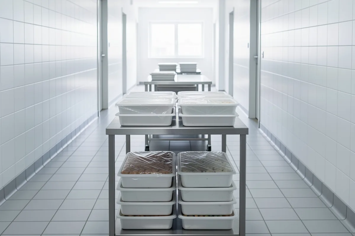 Chariot de cuisine en inox à deux plateaux chargé de bacs gastronorme couverts dans un couloir de cuisine vide