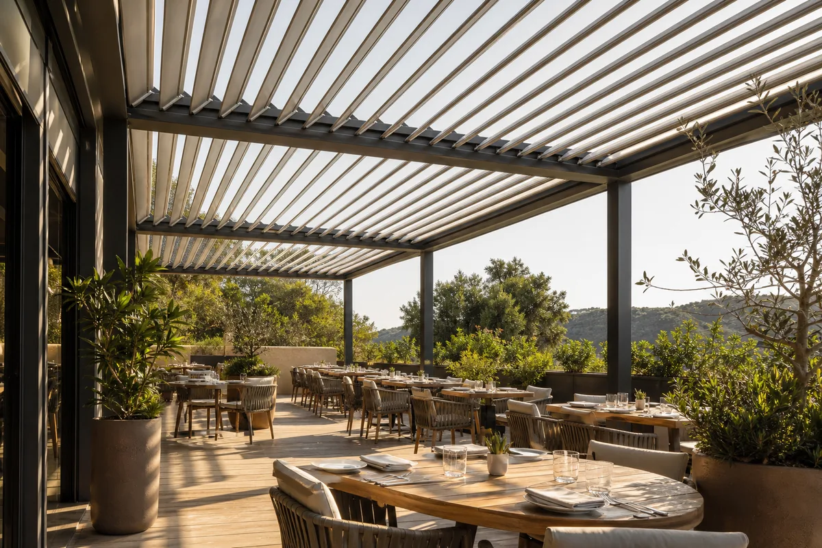Pergola bioclimatique aux lames en aluminium orientables au-dessus d&rsquo;une terrasse de restaurant
