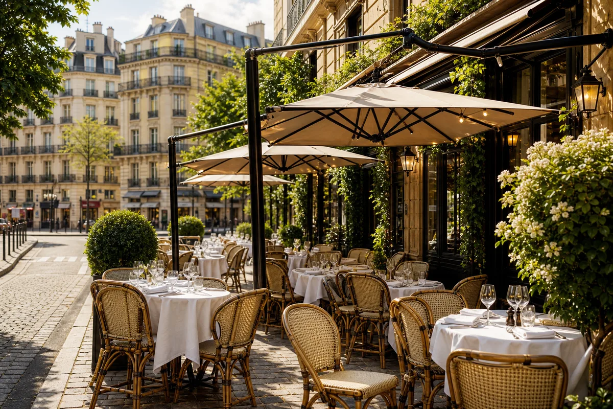 Terrasse de restaurant animée en heure de service, tables dressées sous parasols, ambiance de fin de matinée