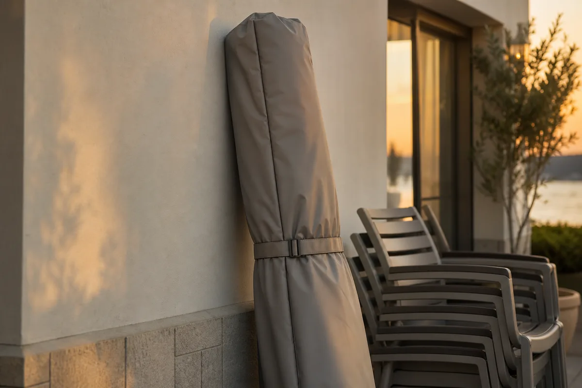 Toile de parasol professionnel repliée avec housse de protection en bordure de terrasse au crépuscule