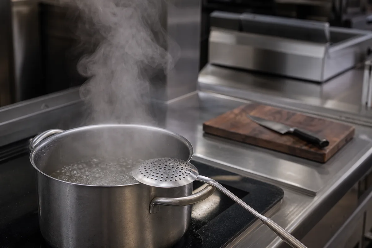 Poste de cuisson en inox mat dans une cuisine professionnelle, casserole frémissante et écumoire sous la vapeur