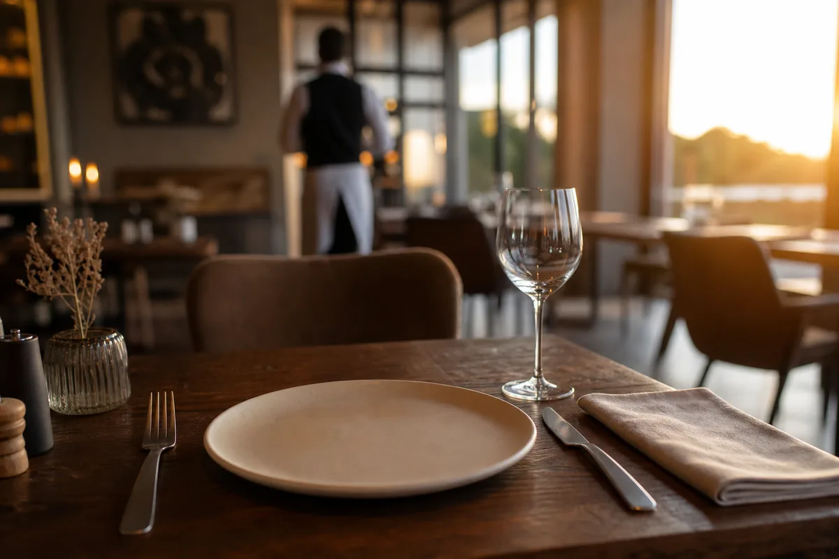 Table de restaurant dressée sur bois foncé, assiette de porcelaine crème, verre simple et serviette en lin
