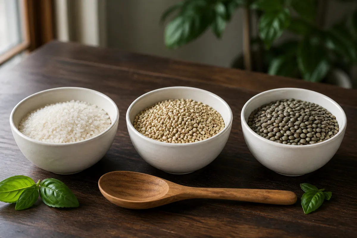 Trois bols de céramique crème remplis de riz, de sarrasin et de lentilles sur un plan de travail en bois foncé