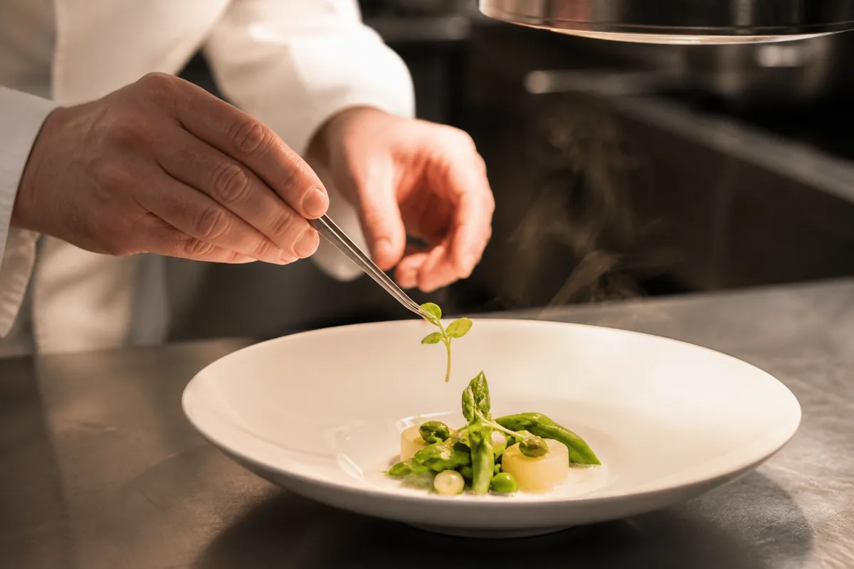 Chef dressant une assiette de haute cuisine au passe d’une cuisine professionnelle parisienne