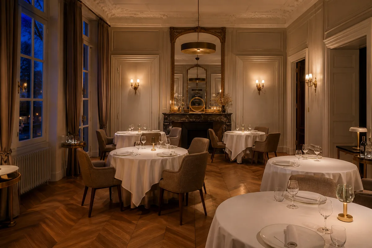 Salle d’un restaurant gastronomique parisien dressée avant le service du soir