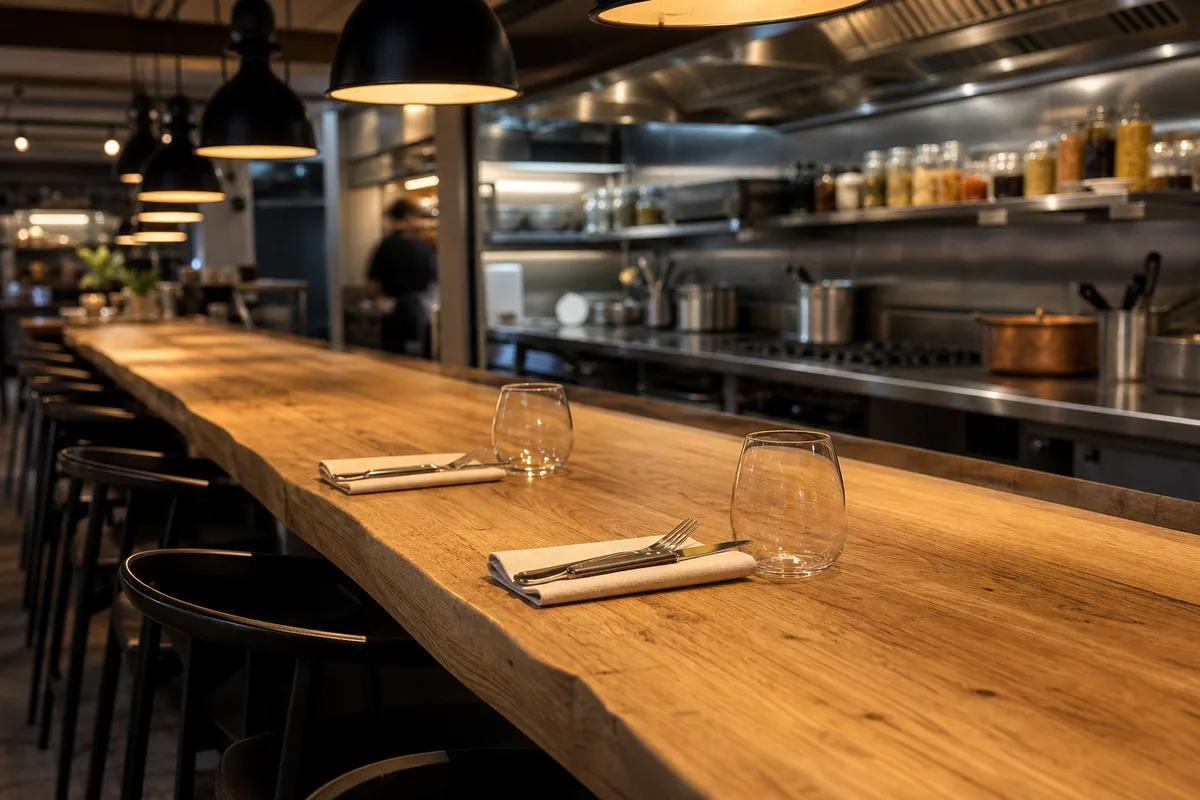 Comptoir de restaurant gastronomique parisien face à la cuisine ouverte