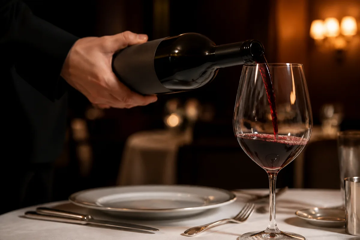 Sommelier servant un vin rouge dans une salle de restaurant gastronomique